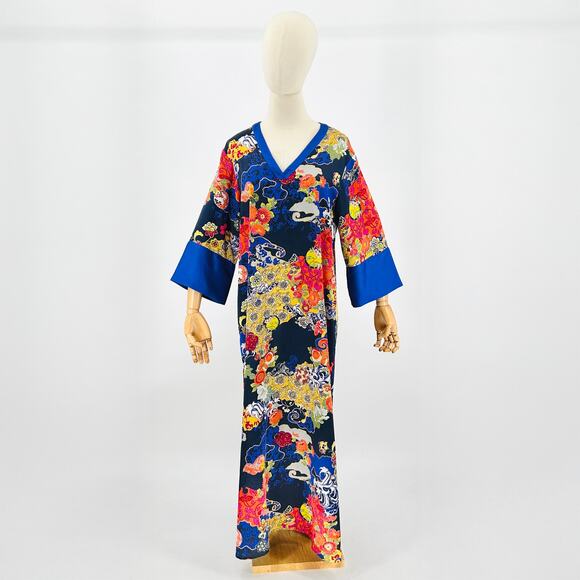 Natori Blue Multicolor Boho Asian Kimono Sleeve V-Neck Caftan Dress - Picture 1 of 9
